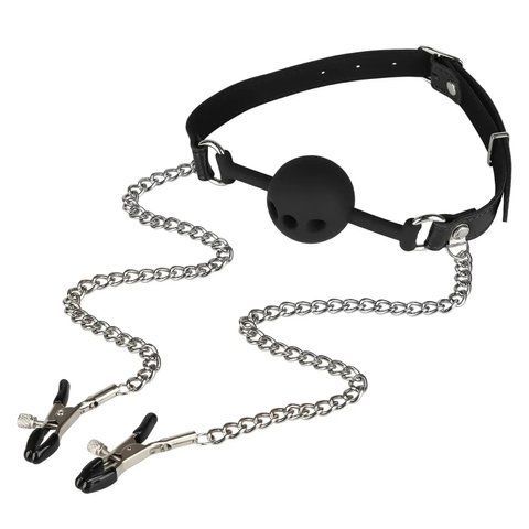 Набір БДСМ Erospace Wild Play Mouth Gag With Nipple Clamps C15 Чорний